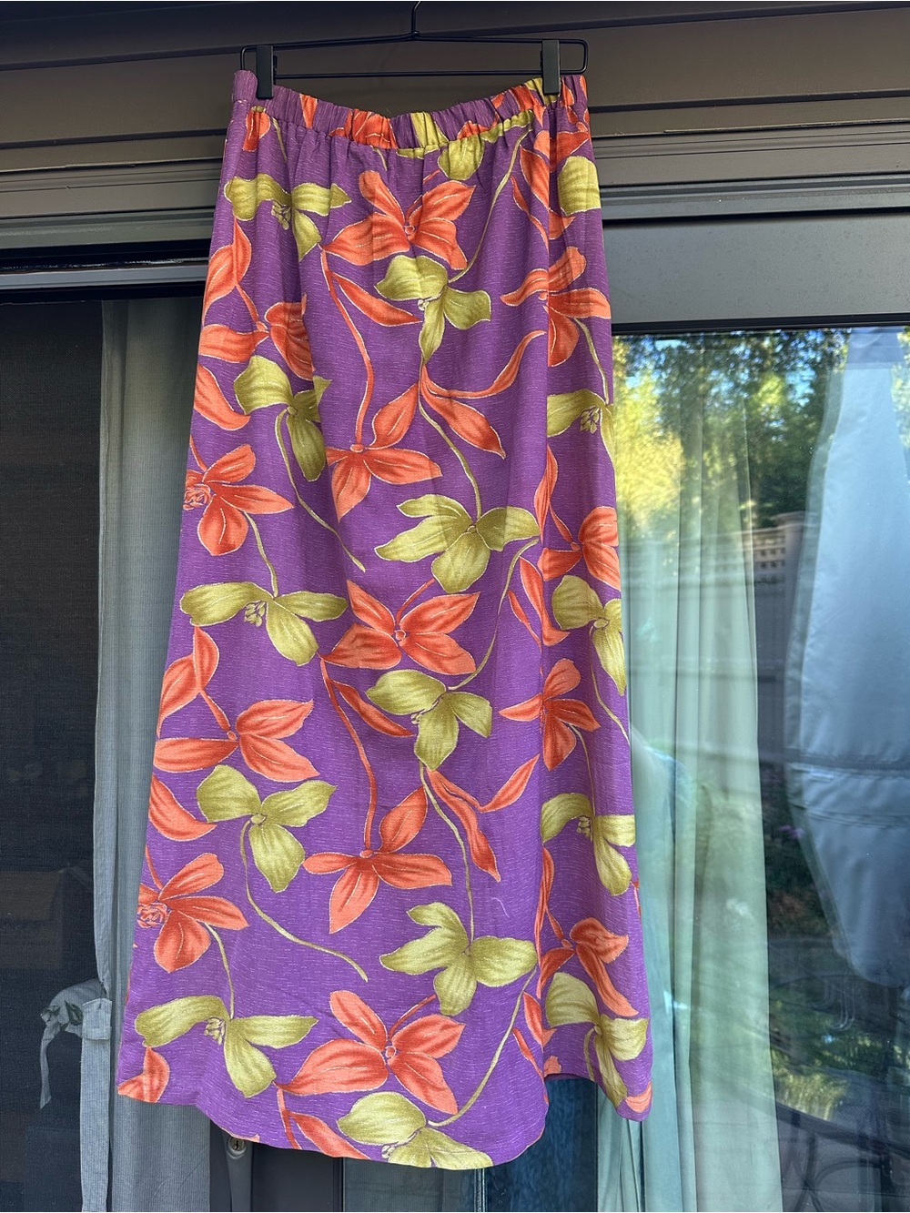 Floral Purple Midi Skirt with Orange and Lime Leaf Print